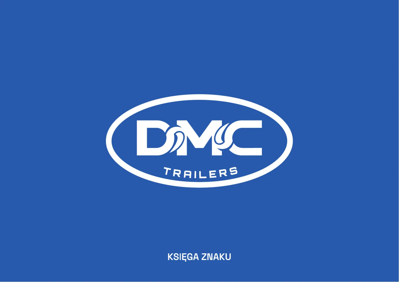 DMC Trailers, księga znaku: okładka z logo w wersji białej na niebieskim tle