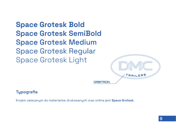 DMC Trailers, księga znaku: typografia Space Grotesk i Orbitron