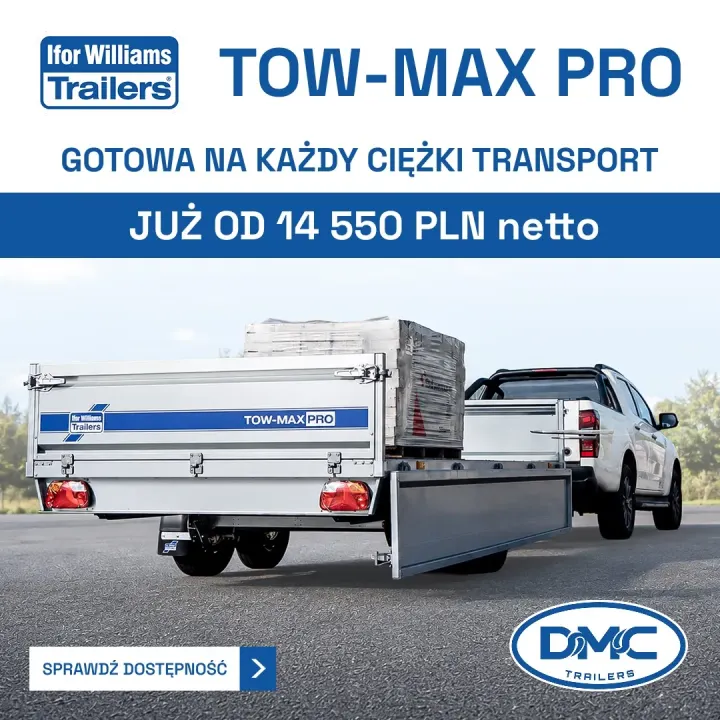 Post reklamowy DMC Trailers: przyczepa Ifor Williams TOW-MAX PRO z ładunkiem na palecie, holowana przez białego pickupa.