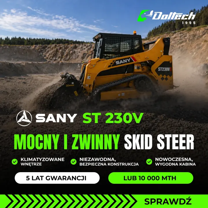 Post reklamowy Doltech: ładowarka gąsienicowa SANY ST 230V w kamieniołomie, hasło o mocnym i zwinnym skid steerze, lista cech i informacja o gwarancji.
