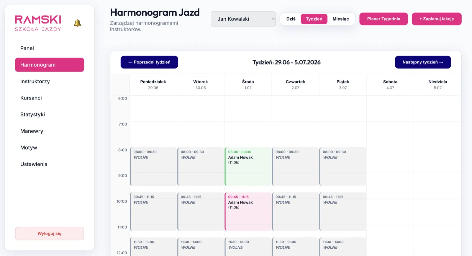 Harmonogram jazd w aplikacji RAMSKI Szkoła Jazdy