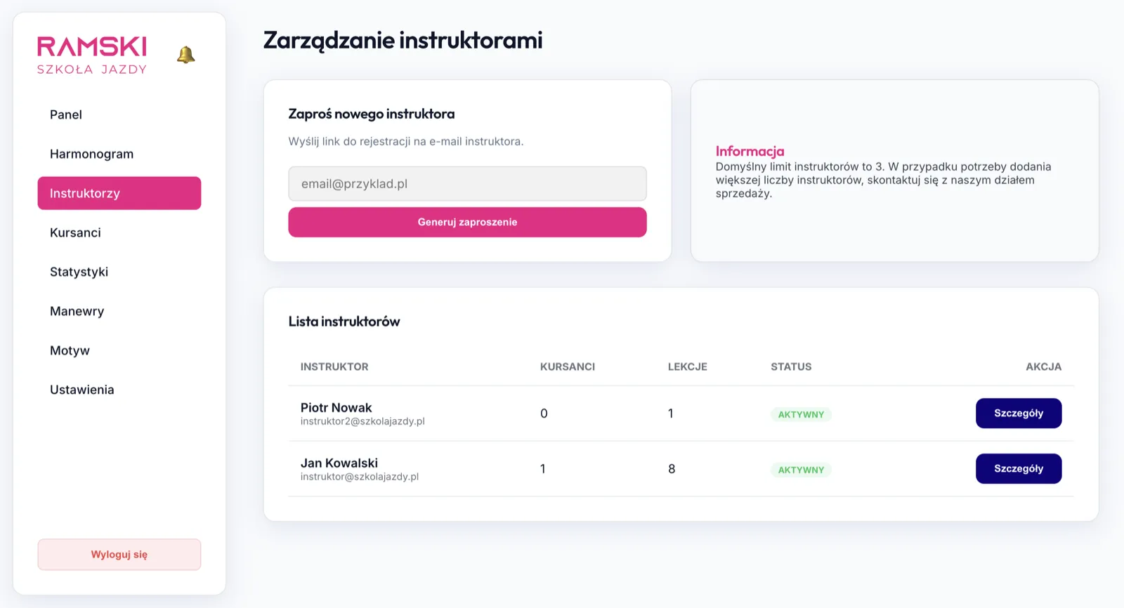 Zespół instruktorów w aplikacji RAMSKI Szkoła Jazdy