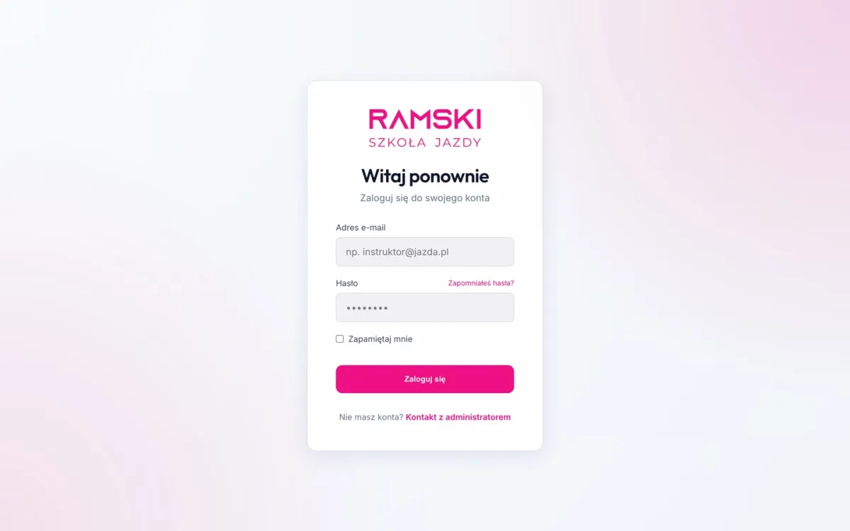 Ekran logowania z logo RAMSKI Szkoła Jazdy