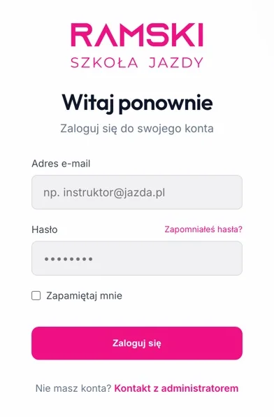 Ekran logowania z logo RAMSKI Szkoła Jazdy