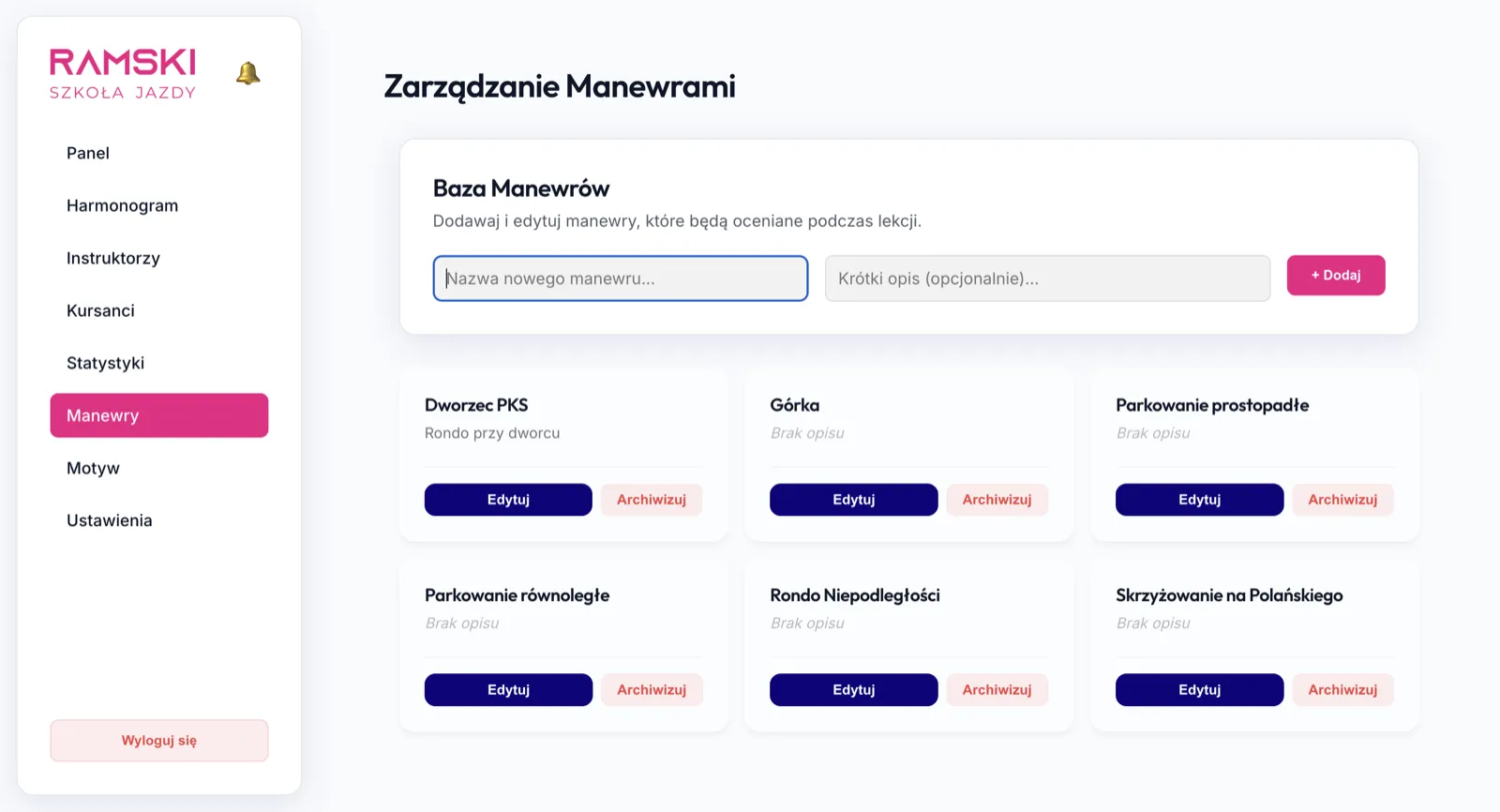 Baza manewrów w aplikacji RAMSKI Szkoła Jazdy