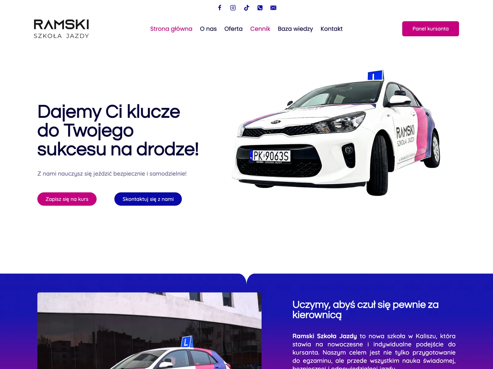 Strona internetowa RAMSKI Szkoła Jazdy z autem szkoły w barwach marki